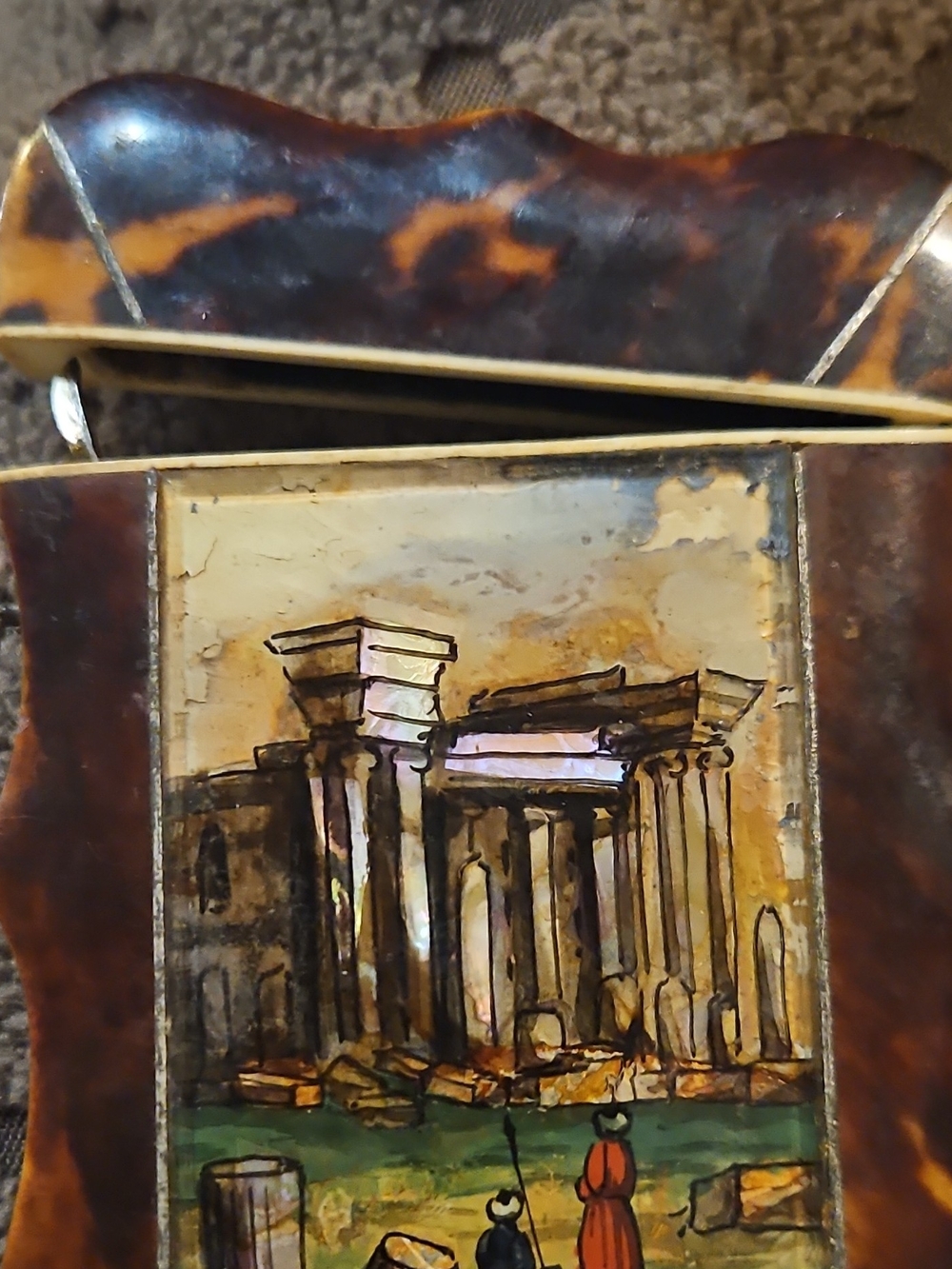 Vintage Tortoiseshell Frame Compact with Illustrated Roman Ruins